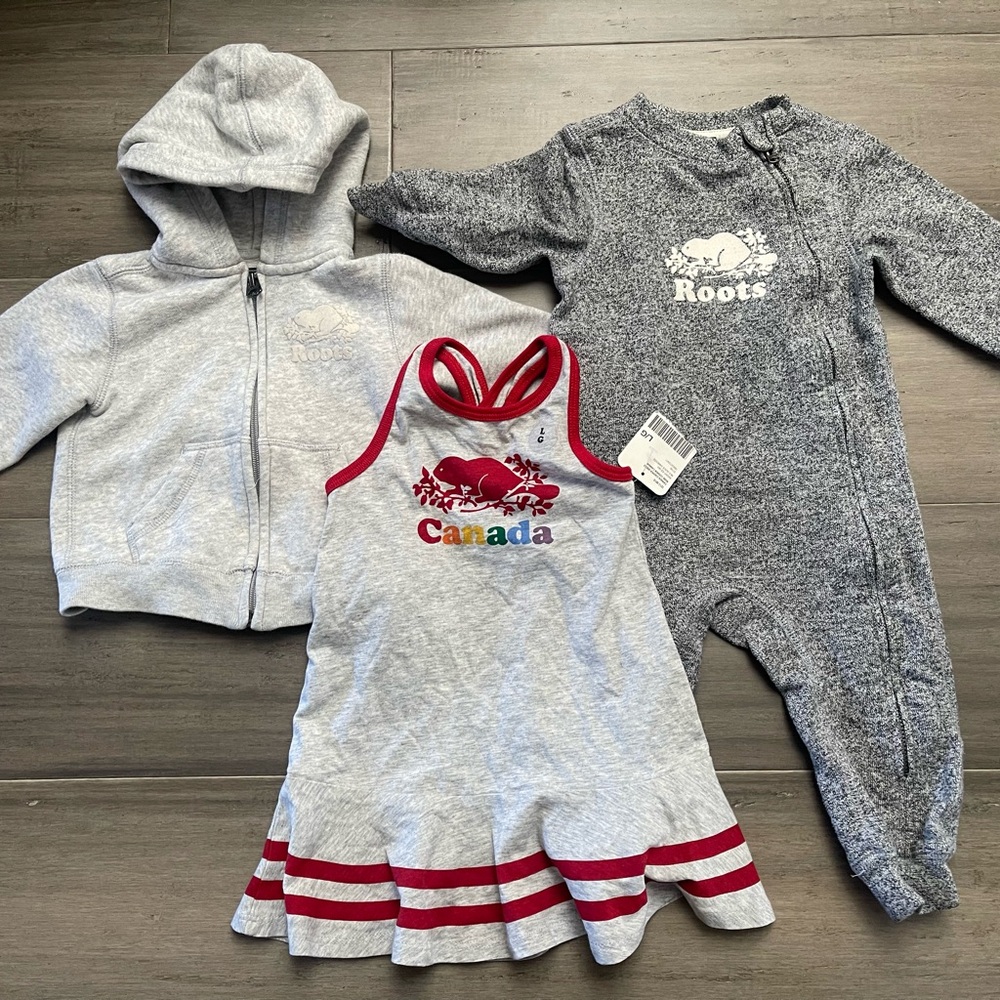 3 Piece Lot - Baby Roots Canada Infant Girls Set - 1-Piece/Hoodie/Dress 12-18m